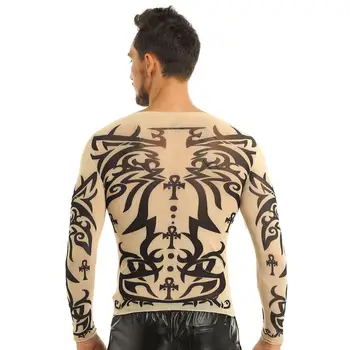 FEESHOW Bărbați Fals Tatuaj de Design Elastic cu Maneci Lungi T-Shirt Pulover Tatuaj Plasă O-Neck Tee Pentru Costume de Halloween, Carnaval Tricouri