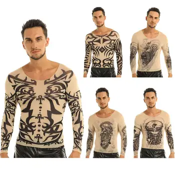 FEESHOW Bărbați Fals Tatuaj de Design Elastic cu Maneci Lungi T-Shirt Pulover Tatuaj Plasă O-Neck Tee Pentru Costume de Halloween, Carnaval Tricouri