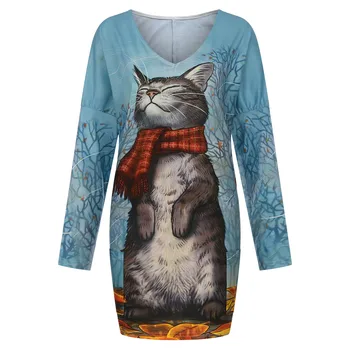 Feitong Crăciun Lungă T-shirt Femei O-neck Maneca Lunga Drăguț Pictat Cat de Imprimare Buzunar Vrac Femei T-shirt Buzunarul de Sus