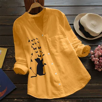 Feitong Femei Lenjerie De Pat Din Bumbac Casual Cat Imprimate Tricou Cu Maneci Lungi, Bluza Buton Jos Bluze Bluza Chemisier Femme Pentru Femei Bluze