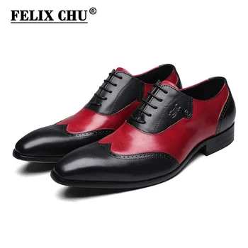 FELIX CHU Elegant Mens Formale Wingtip Oxford Pantofi Piele naturala Barbati Petrecere de Nunta Rosu Negru a Subliniat Toe Pantofi pentru Bărbați