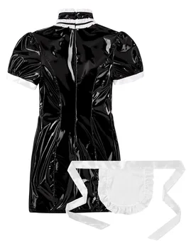 Femei Adulți Wetlook corp Piele latex Maid Dress Cosplay Costum Clubwear Puff Mâneci Sân Bodycon Rochie Mini cu Șorț