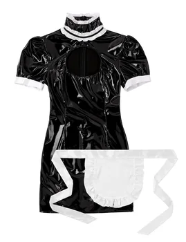 Femei Adulți Wetlook corp Piele latex Maid Dress Cosplay Costum Clubwear Puff Mâneci Sân Bodycon Rochie Mini cu Șorț
