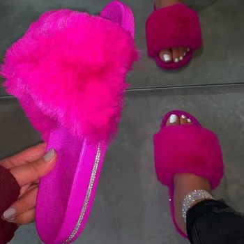 Femei Blană Papuci Pantofi de Vară de Interior Acasă cu Blană Papuci Casual Cristal Flip-Flops, Papuci de casă în aer liber Sălbatice Non-alunecare Slide-uri de Culoare