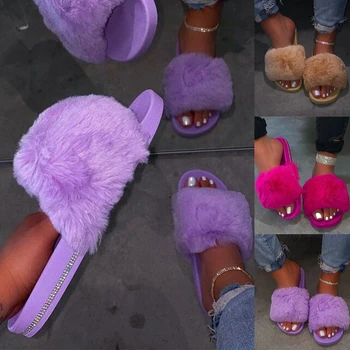 Femei Blană Papuci Pantofi de Vară de Interior Acasă cu Blană Papuci Casual Cristal Flip-Flops, Papuci de casă în aer liber Sălbatice Non-alunecare Slide-uri de Culoare