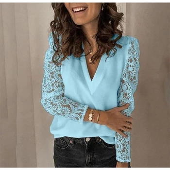 Femei Bluza Tricou 2020 Primavara-Vara V-gât Lace Gol Afară de Top 5XL Broderie Maneca Lunga t-Shirt Plus Dimensiune Feminino