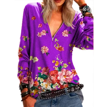 Femei Bluza Vintage V Gât Topuri Plus Dimensiune Zip Florale, Bluze Casual, Camasi cu Maneca Lunga S-5XL Femei, Plus Dimensiune Îmbrăcăminte