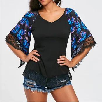 Femei Bluze de Moda Fluture de Imprimare Tricou Dantelă Bluze Sexy Slim Fit Maneca Raglan Topuri Plus Size V-neck Flare Bluze cu Maneca