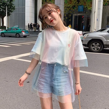 Femei Broderie Harajuku tricou Casual Tifon cu Ochiuri Haine coreene Dulce Gradient Culoare Tricou Femme Moda Vintage de Top