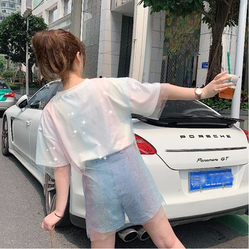 Femei Broderie Harajuku tricou Casual Tifon cu Ochiuri Haine coreene Dulce Gradient Culoare Tricou Femme Moda Vintage de Top