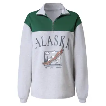 Femei Bumbac Stand Guler Fermoar Jumătate Alaska Scrisoare de Imprimare Maneca Lunga Bluze Casual Pierde Tricoul Moda Vintage
