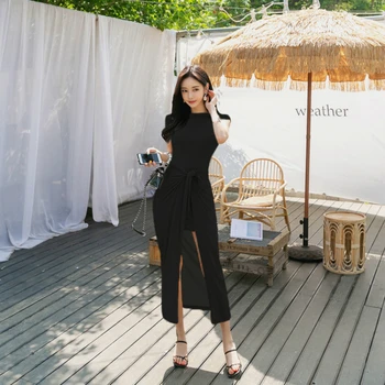 Femei Casual Elegant Stil coreean Două Bucata Set Mini Negru Rochie Bodycon și Eșarfe Bandaj Femei Pânză Streetwear 2 Bucata Set