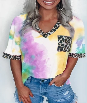 Femei Casual Tie-Dye T Cămașă De Vară Leopard Mozaic V Gât Maneci Scurte Topuri Tricouri Femei Camisetas Verano Mujer 2020