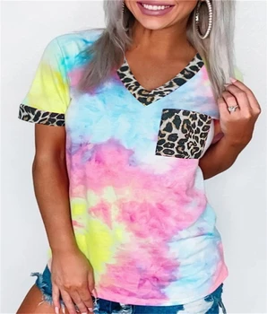 Femei Casual Tie-Dye T Cămașă De Vară Leopard Mozaic V Gât Maneci Scurte Topuri Tricouri Femei Camisetas Verano Mujer 2020
