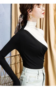 Femei catifea T-shirt cu Guler Maneca Lunga tricou femei se potrivesc Doamna Top Negru cu model Alb