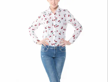 Femei Cherry Bluze Cu Maneca Lunga Tricou Rândul Său, În Jos Guler Floral Bluza Femei, Plus Dimensiune Vintage Tricou De Bumbac