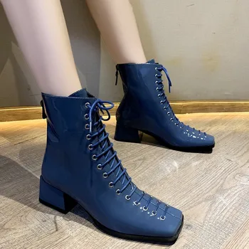 Femei Cizme Botas Mujer Square Toe Glezna Cizme Pentru Femei De Moda Albastru De Brevete Din Piele Dantela-Up Mid Pantofi Stil Britanic Dimensiune 35-40