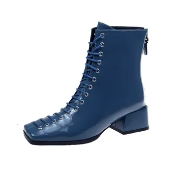 Femei Cizme Botas Mujer Square Toe Glezna Cizme Pentru Femei De Moda Albastru De Brevete Din Piele Dantela-Up Mid Pantofi Stil Britanic Dimensiune 35-40
