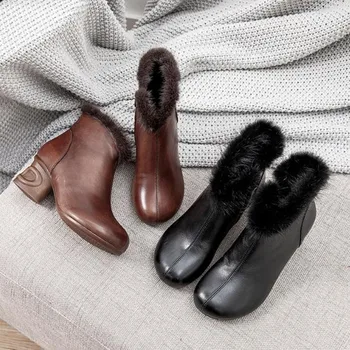 Femei cizme de iarna din Piele cu toc glezna cizme pentru Femei cizme cald cu bumbac, cizme scurte negre, tocuri papuceii topuklu bot boty