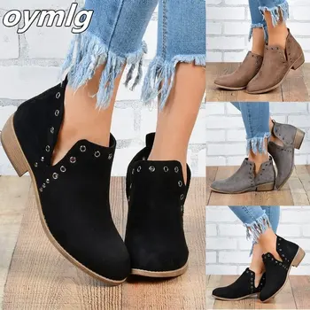 Femei cizme glezna chaussure tocuri joase vintage PU botine din piele plus dimensiune toamna alunecare pe pantofi femeie zapatos mujer sapato D1918
