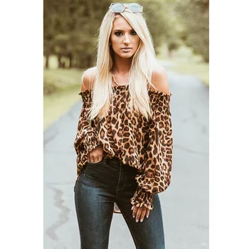 Femei Clasic Leopard De Imprimare De Pe Umăr Topuri De Moda Puff Maneca Bluza Vrac
