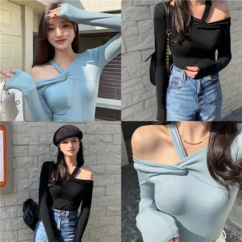 Femei coreene 2021 nou temperament strapless subțire sexy cu mâneci lungi T-shirt casual culturilor sus V-neck t-shirt