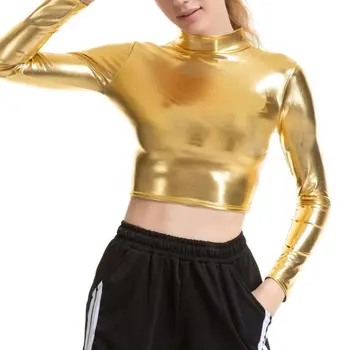 Femei cu Maneci Lungi Metalic Lichid Crop Top Mock Neck Guler Wetlook Clubwear Y1AC