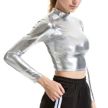 Femei cu Maneci Lungi Metalic Lichid Crop Top Mock Neck Guler Wetlook Clubwear Y1AC