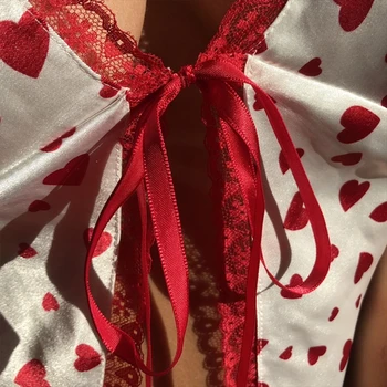 Femei Curea De Spaghete Sexy V-Neck Crop Top Red Heart Print Contrast De Culoare Satin, Bretele Harajuku Split Lega Bowknot Dantela