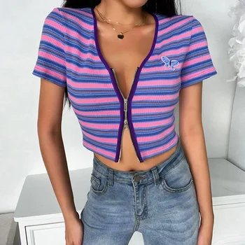 Femei de culoare bloc cardigan short sleeve V-neck top dublu split cu fermoar fluture de imprimare T-shirt