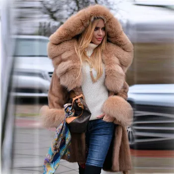 Femei De Lux Iarnă Adevărată Haină De Blană De Nurcă De Mult Cu Big Fox Fur Trim Hood Naturala Autentica De Nurca Blana Jacheta Cu Blana Centura Palton