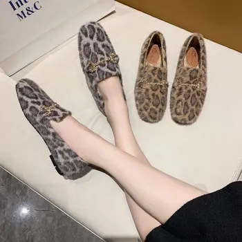 Femei de moda Blană, Pantofi de Iarnă Apartamente Bumbac Pantofi Doamnelor Moale Confortabil Alunecare pe Leopard Mocasini de Pluș Cald Zapatos De Mujer