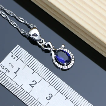 Femei de moda Blue sapphire Argint 925 Seturi de Bijuterii Cercei Lungi cu Piatra Cadou Pentru Ea de lux Brățară colier set