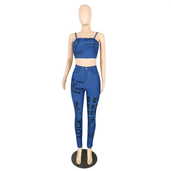 Femei de moda Blugi Seturi 2020 Două Bucăți de Spaghete Trunchiate de Sus și Pantaloni de Creion de Înaltă Calitate Streetwear Club Tinute de Petrecere Nou