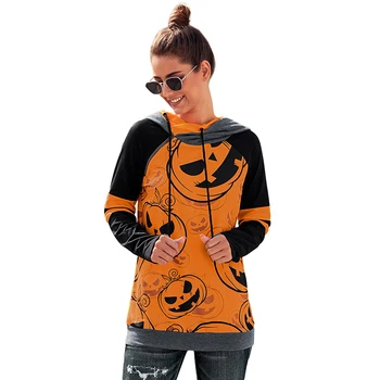 Femei de Moda Casual, Dovleac de Halloween Imprimare Pulover Hoodie Cordon Dublu Hote Tricou