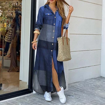 Femei De Moda Cu Maneci Lungi Imprimate Buzunare Butoane De Partid Plajă Maxi Rochie De Camasa