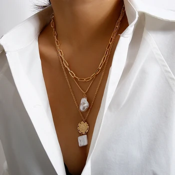 Femei de Moda de Metal Multistrat Geometrice imitație perla Pandantiv Colier Culoare Aur în Relief Colier Simplu de Partid Bijoux