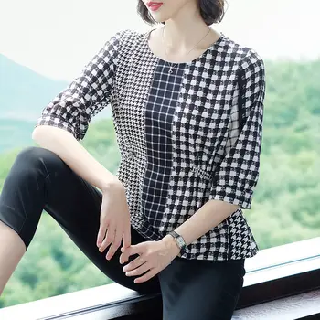 Femei de moda de Primăvară-Vară Șifon Bluze Femei Casual, O-Neck Culoare Negru Carouri Cămașă Vrac Femei Blusas Topuri DF3568