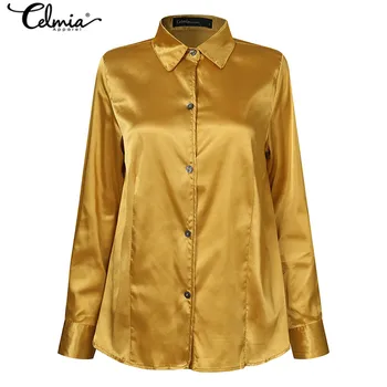 Femei de Moda din Satin Tricouri Celmia 2021 Primăvară Maneca Lunga Slik Bluza Office Rever Solid Blusas Elegant Butoane Tunica Topuri 5XL