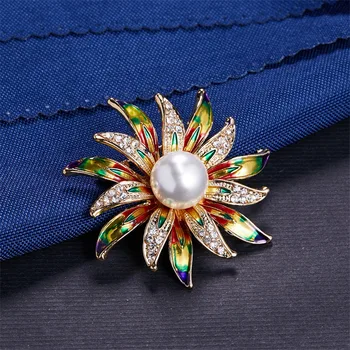 Femei De Moda Email Pin Mare De Flori Broșe Doamna Imitații De Perle Stras Nunta De Cristal Broșă Uzina De Bijuterii Accesoriile