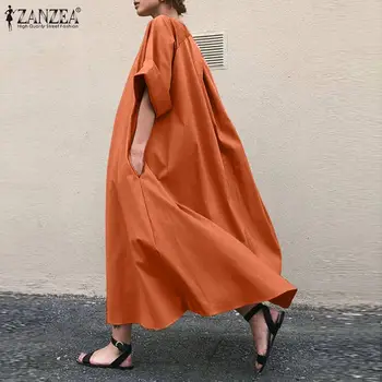 Femei de moda O Gatului Maneca Lunga Solide în Vrac Umflat Rochie de Primavara Casual Sundress 2021 ZANZEA Epocă Caftan Vestidos Plus Dimensiune