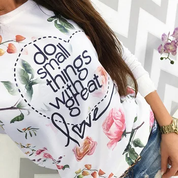 Femei de moda Pierde T-shirt cu Maneci Lungi de Flori Scrisoare de Imprimare Casual, O-neck T-shirt de Primavara Toamna Femei Noi Topuri Plus Dimensiune Îmbrăcăminte