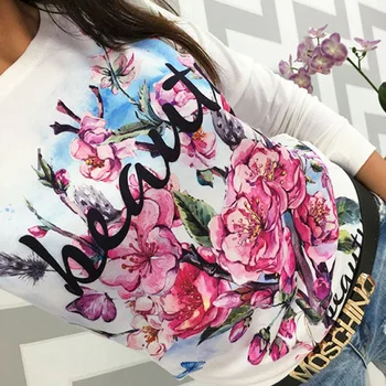 Femei de moda Pierde T-shirt cu Maneci Lungi de Flori Scrisoare de Imprimare Casual, O-neck T-shirt de Primavara Toamna Femei Noi Topuri Plus Dimensiune Îmbrăcăminte