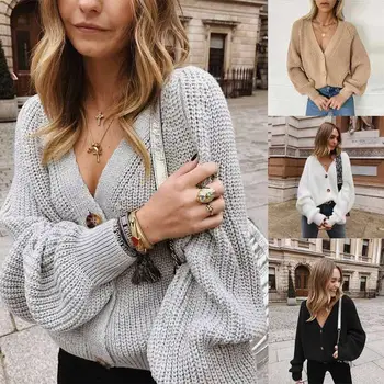 Femei de moda pulover 2020 toamna și iarna nou pulover culoare solidă V-neck butonul cardigan pulover exterior