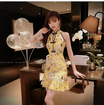 Femei De Moda Qipao Japonez Harajuku Stil Retro Imprimare Fără Mâneci Rochie Mini Club Bodycon Chineză Slim Cheongsam Rochii De Petrecere