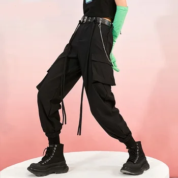 Femei de Moda Streetwear Pantaloni Negru Plus Dimensiune Casual Lungime de Glezna Talie Elastic Pantaloni cu Curea de sex Feminin Pantaloni Largi