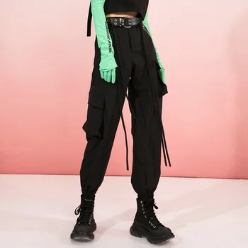 Femei de Moda Streetwear Pantaloni Negru Plus Dimensiune Casual Lungime de Glezna Talie Elastic Pantaloni cu Curea de sex Feminin Pantaloni Largi