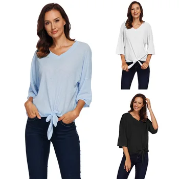 Femei de moda T-shirt negru/albastru/alb 3XL Iarna noi șapte puncte mâneci cu arcuri neregulate topuri scurte camasi casual