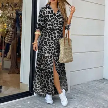 Femei de Moda Toamna Cămașă Rochie ZANZEA Petrecere de Vacanță Longue Halat Casual Vintage Leopard Rochii de sex Feminin Rever Lung Vestidos 5XL