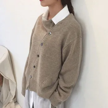 Femei De Primăvară Și De Toamnă 2020 Nou Coreean Butonul Design Neregulate Leneș Pulover Maneca Lunga Pulover Gât Rotund Tricotate Cardigan